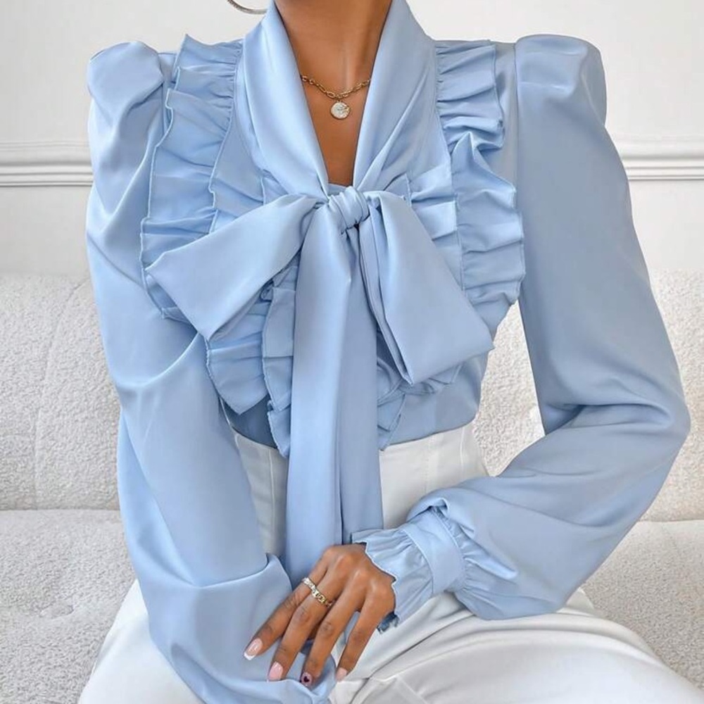 Privé Multi-layered Ruffle Shirt With Bow Tie & Puff sleeves For Women